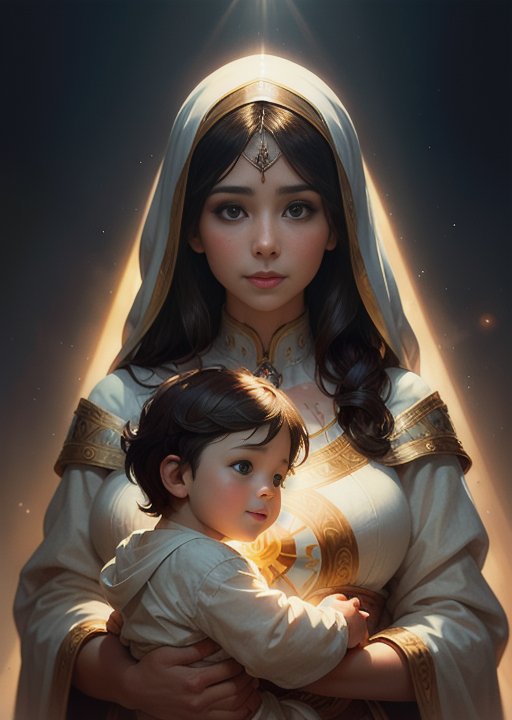 00094-2297412912-masterpiece, woman and child, Virgin Mary with little boy in her arms, smiling, ascending to heaven, half body, ((divine light)).jpg